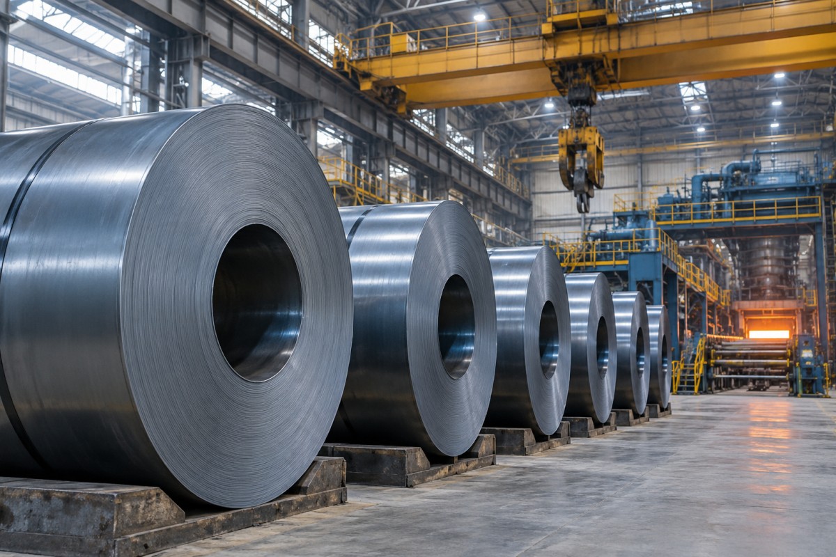 Steel coils stored beside an industrial production line