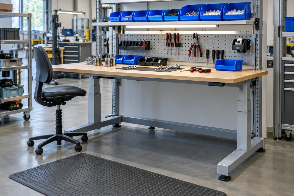 Adjustable assembly workstation and clearly arranged components
