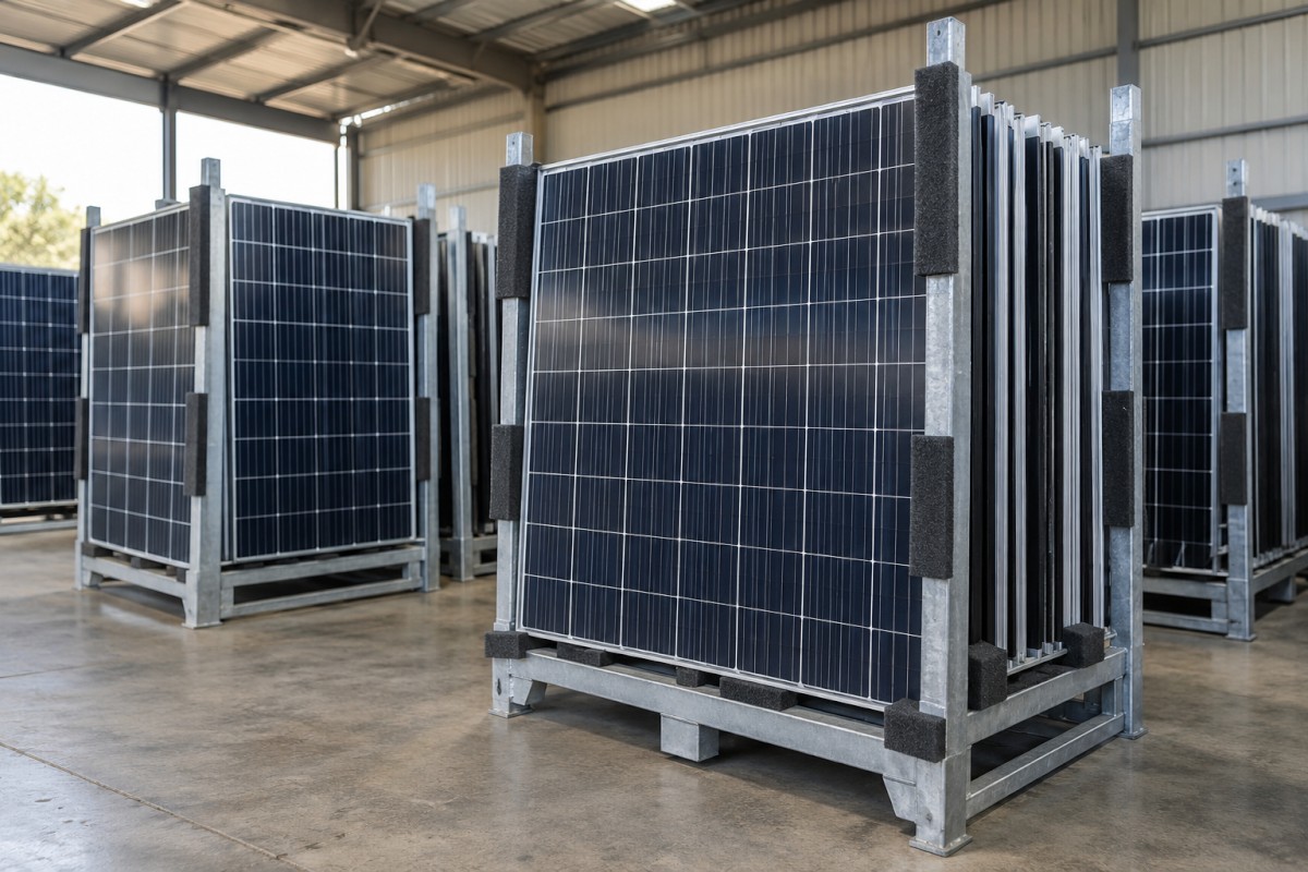 Retired solar panels stored before collection