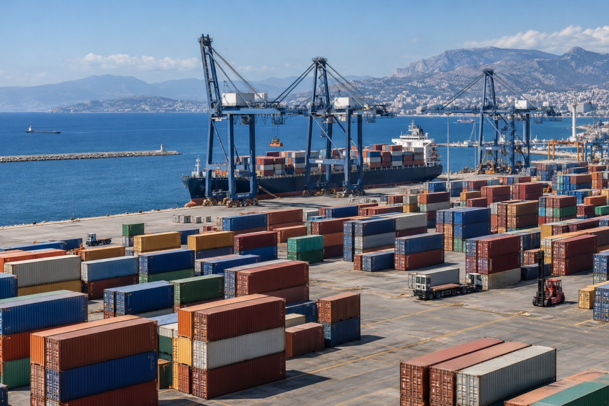 Containers and cranes at a coastal trade terminal