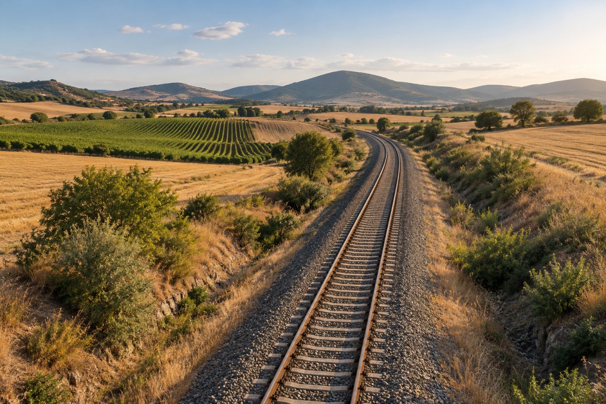 Railway tracks across a dry agricultural landscape