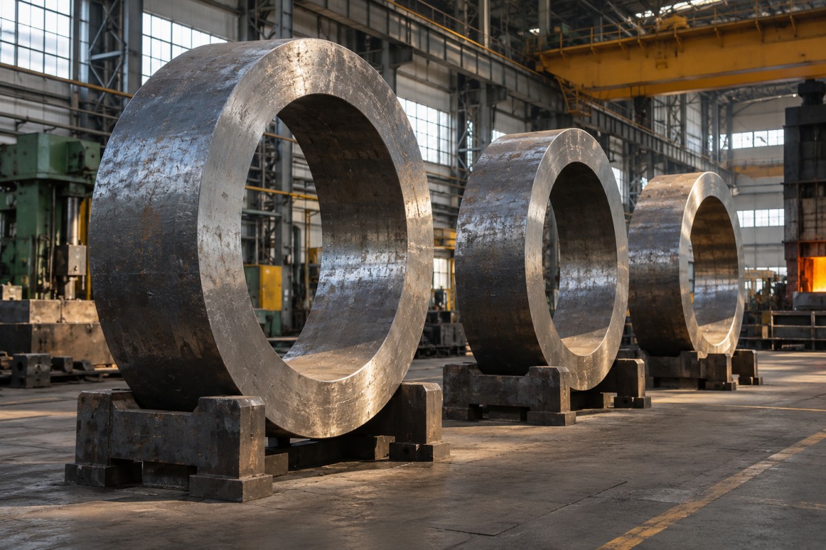 Large forged steel rings in a workshop