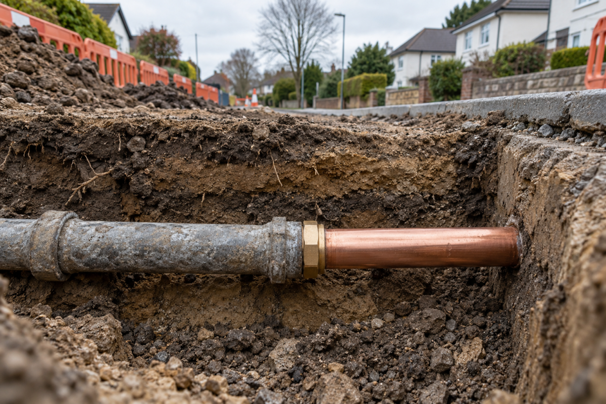 Water service pipe replacement in a trench
