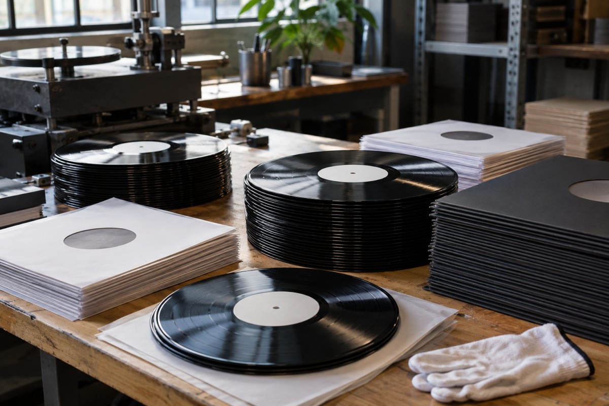 Vinyl records prepared for production handling