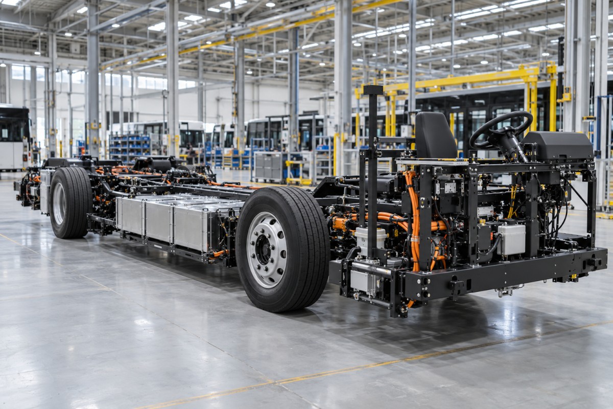 Electric bus chassis in a vehicle assembly hall
