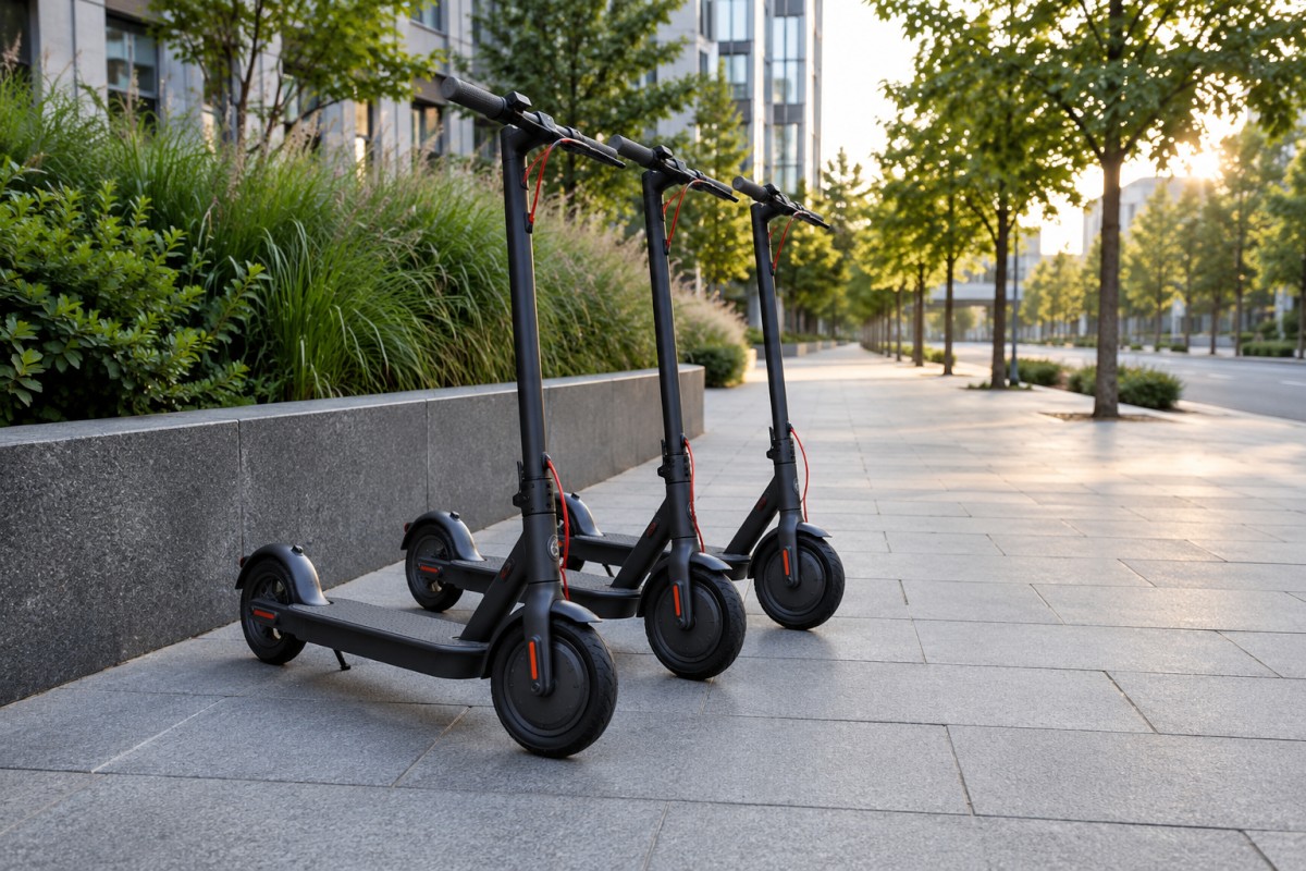 Electric scooters parked beside an urban pavement