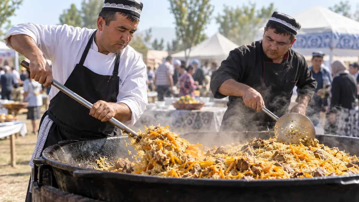 Uzbek plov prepared in a large kazan